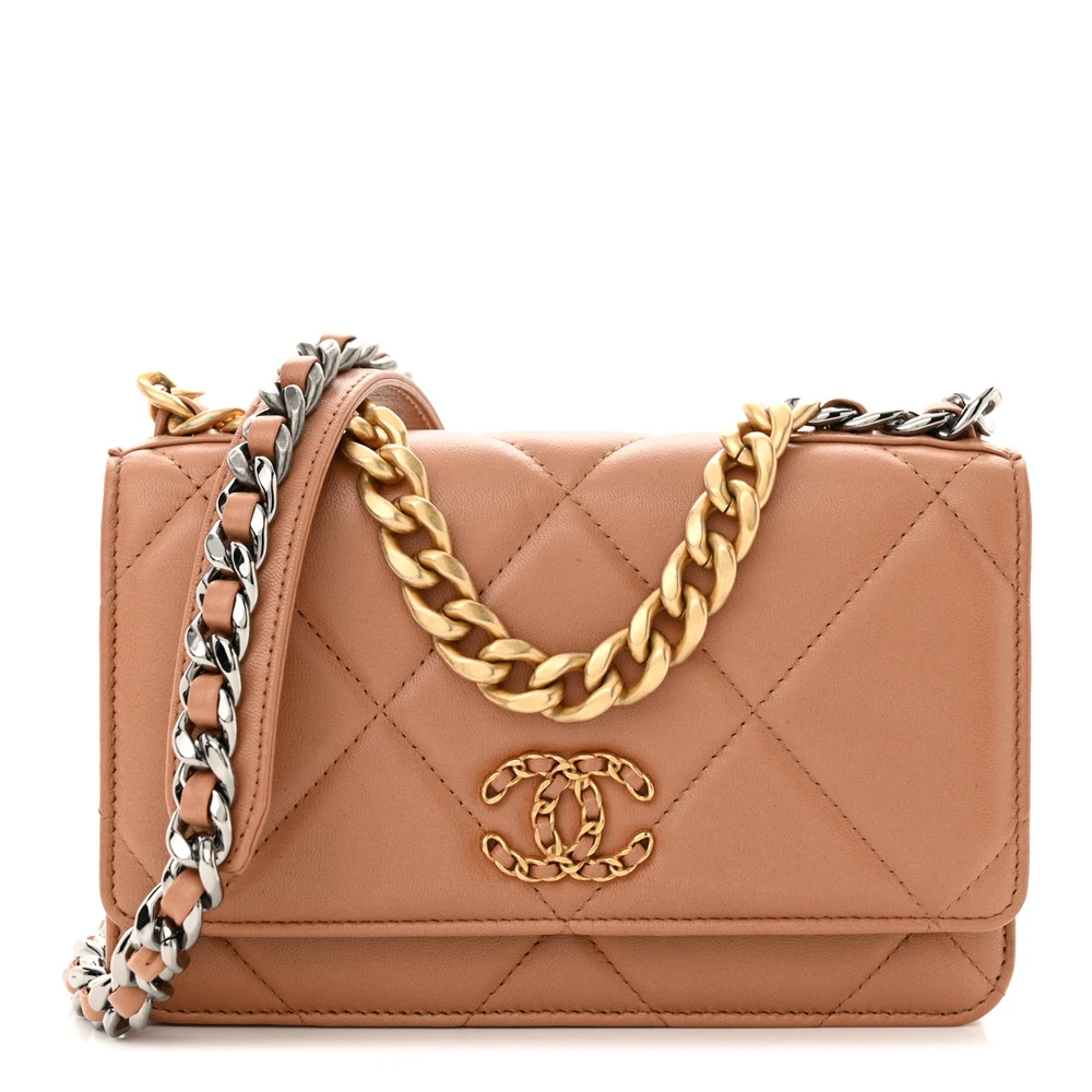 Chanel Brown Quilted Lambskin Leather Chanel 19 Small Wallet On Chain (WOC) Gold Hardware Front replica handbags