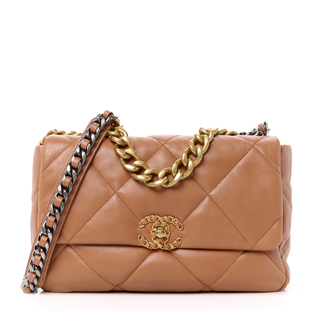 Chanel Brown Quilted Lambskin Leather Large Chanel 19 Flap Mixed Metal Hardware Front replica handbag