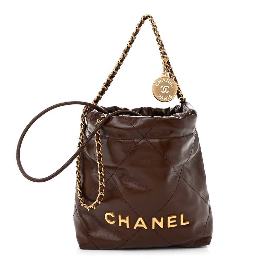 Chanel Brown Quilted Shiny Calfskin Leather Mini Chanel 22 Gold Hardware Front replica handbag