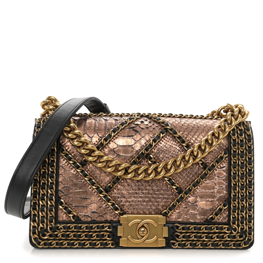 Chanel Copper Snakeskin Leather Medium Chain Around Boy Flap Aged Gold Hardware Front replica handbag