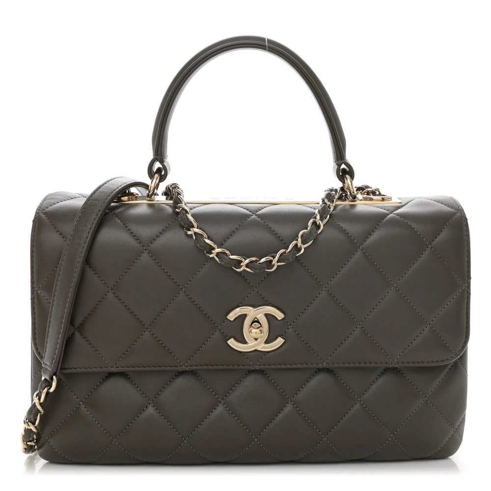 Chanel Dark Khaki Quilted Lambskin Leather Medium Trendy CC Flap Dual Handle Light Gold Hardware Front replica handbag