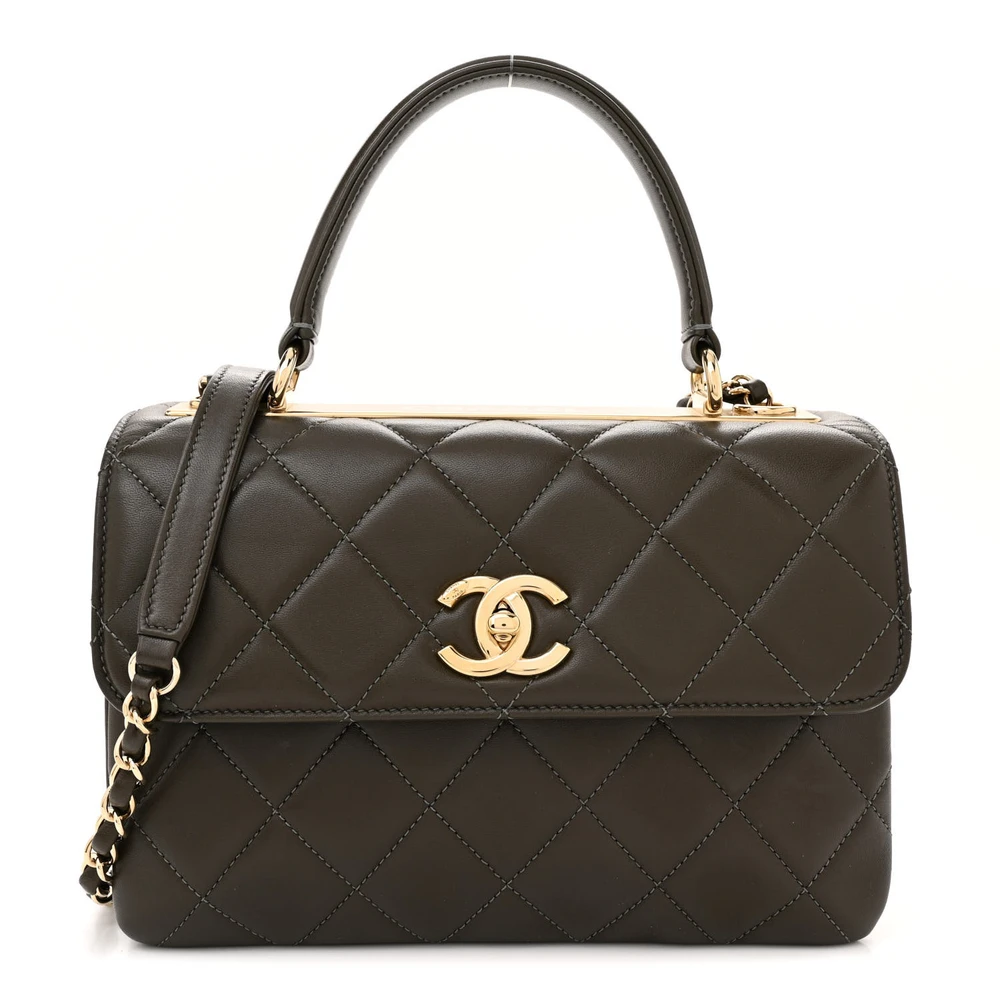 Chanel Dark Khaki Quilted Lambskin Leather Small Trendy CC Dual Handle Flap Gold Hardware Front replica handbags