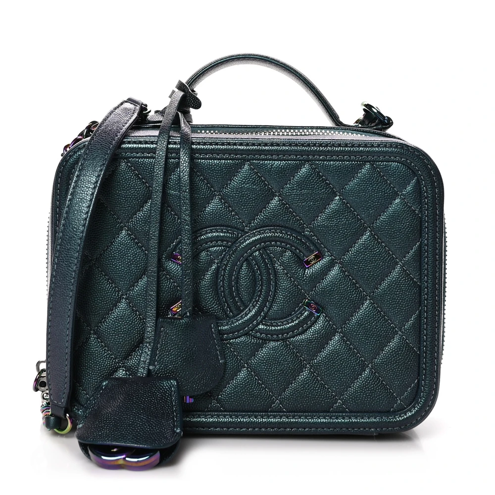 Chanel Dark Turquoise Quilted Caviar Leather Medium CC Filigree Vanity Case Rainbow Hardware Front