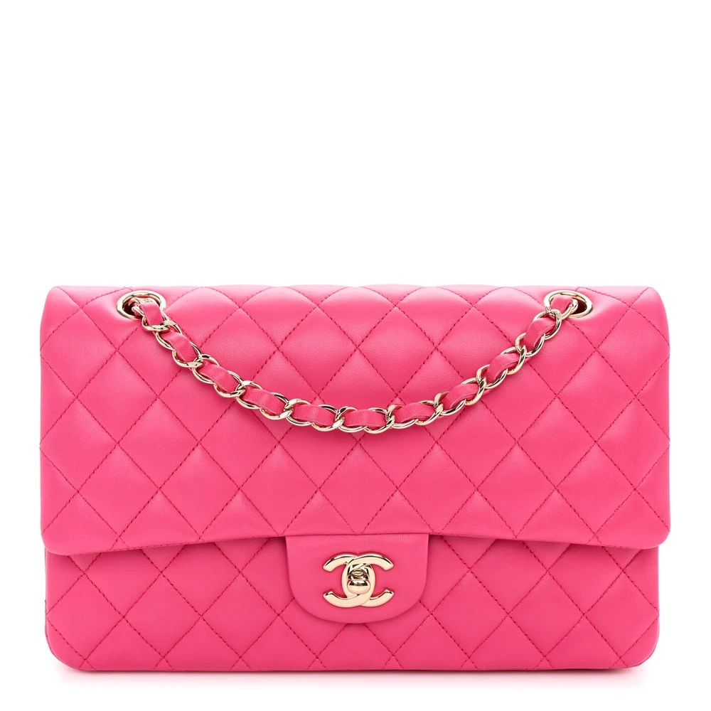Chanel Fuchsia Quilted Lambskin Leather Medium Double Flap Gold Hardware Front replica handbags