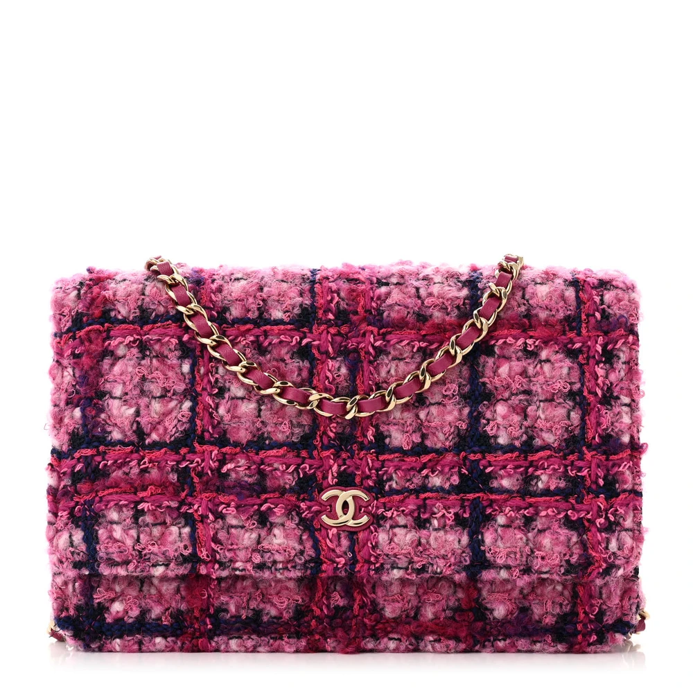 Chanel FuchsiaPurple Quilted Tweed Small Wallet On Chain (WOC) Light Gold Hardware Front replica handbag