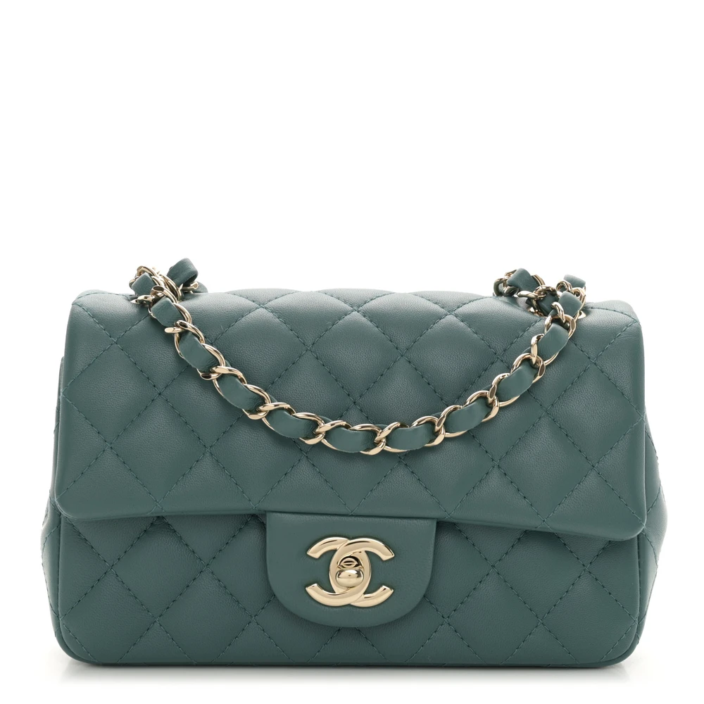 Chanel Green Quilted Lambskin Leather Mini Rectangular Flap Light Gold Hardware Front replica handbag
