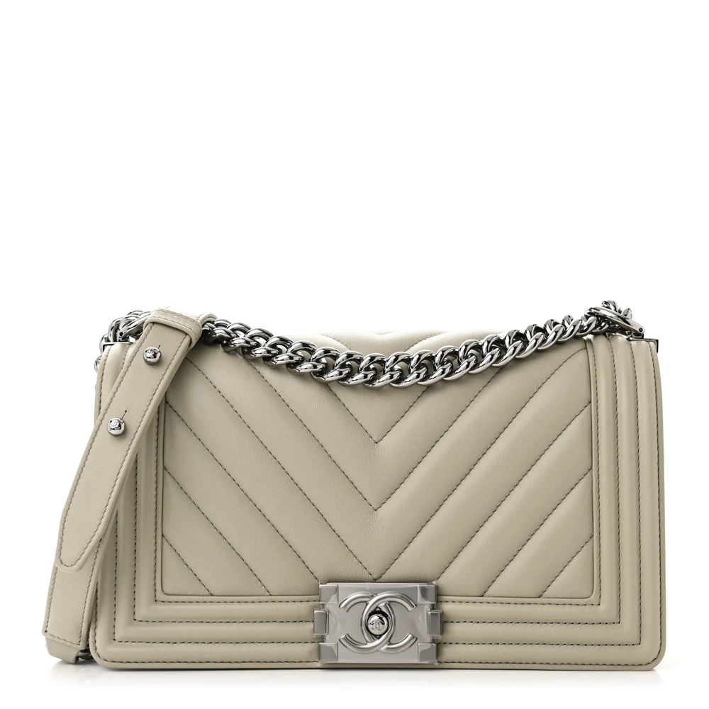 Chanel Grey Chevron Quilted Calfskin Leather Medium Boy Flap Ruthenium Hardware Front replica handbag