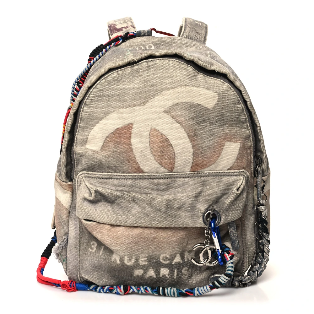 Chanel Grey Graffiti Printed Canvas Medium Backpack Silver Hardware Front replica handbags