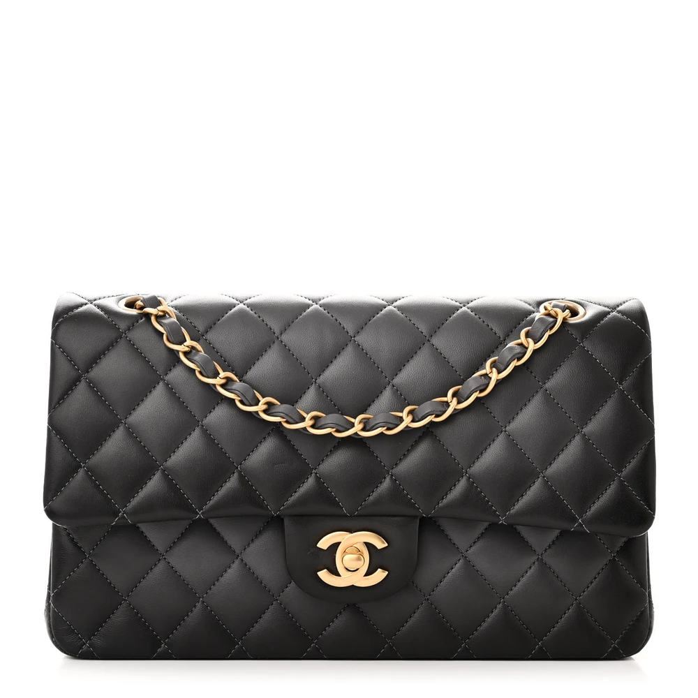 Chanel Grey Quilted Lambskin Leather Medium Double Flap Light Gold Hardware Front replica handbag