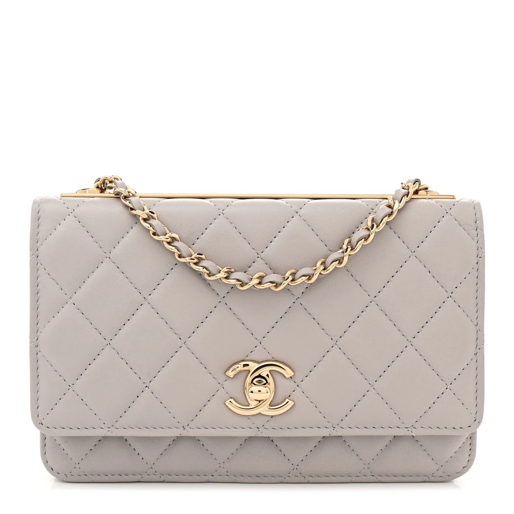 Chanel Grey Quilted Lambskin Leather Small Trendy CC Wallet On Chain (WOC) Gold Hardware Front replica handbag
