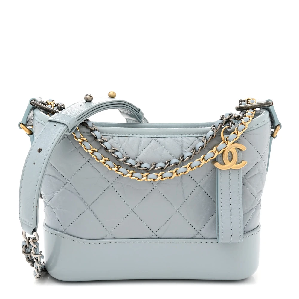 Chanel Light Blue Quilted Aged Calfskin Leather Small Gabrielle Hobo Mixed Metal Hardware Front replica handbag