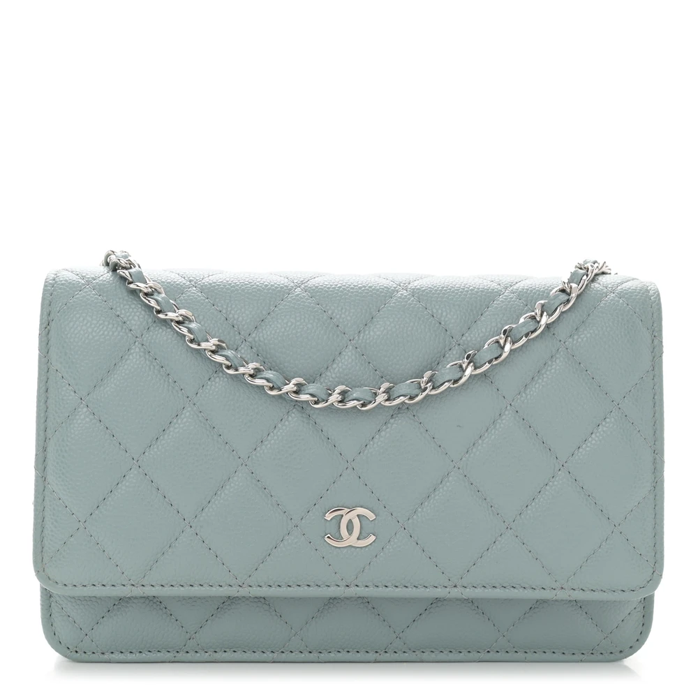 Chanel Light Blue Quilted Caviar Leather Small Wallet On Chain (WOC) Silver Hardware Front replica handbag