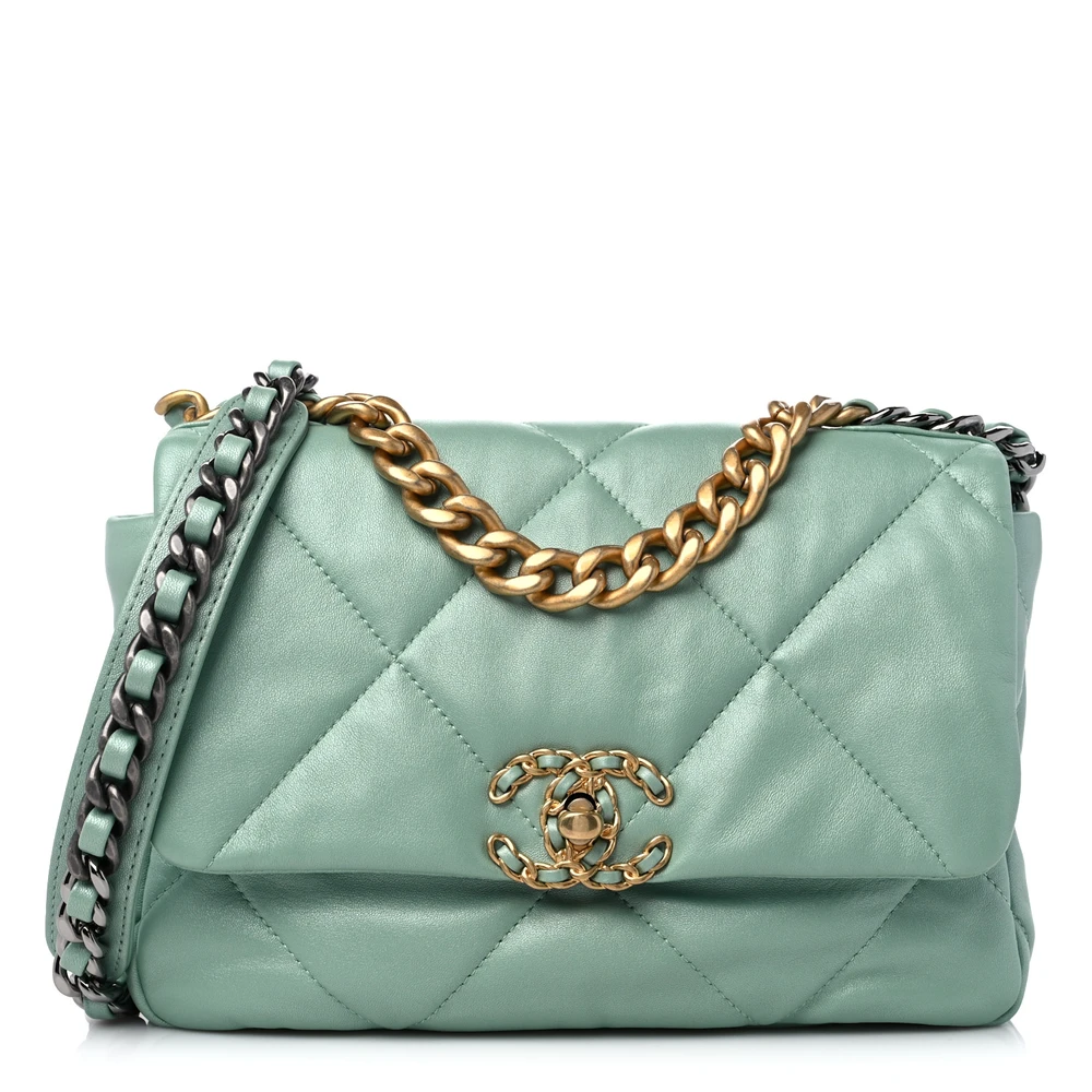 Chanel Light Blue Quilted Goatskin Leather Medium Chanel 19 Flap Mixed Metal Hardware Front replica handbags
