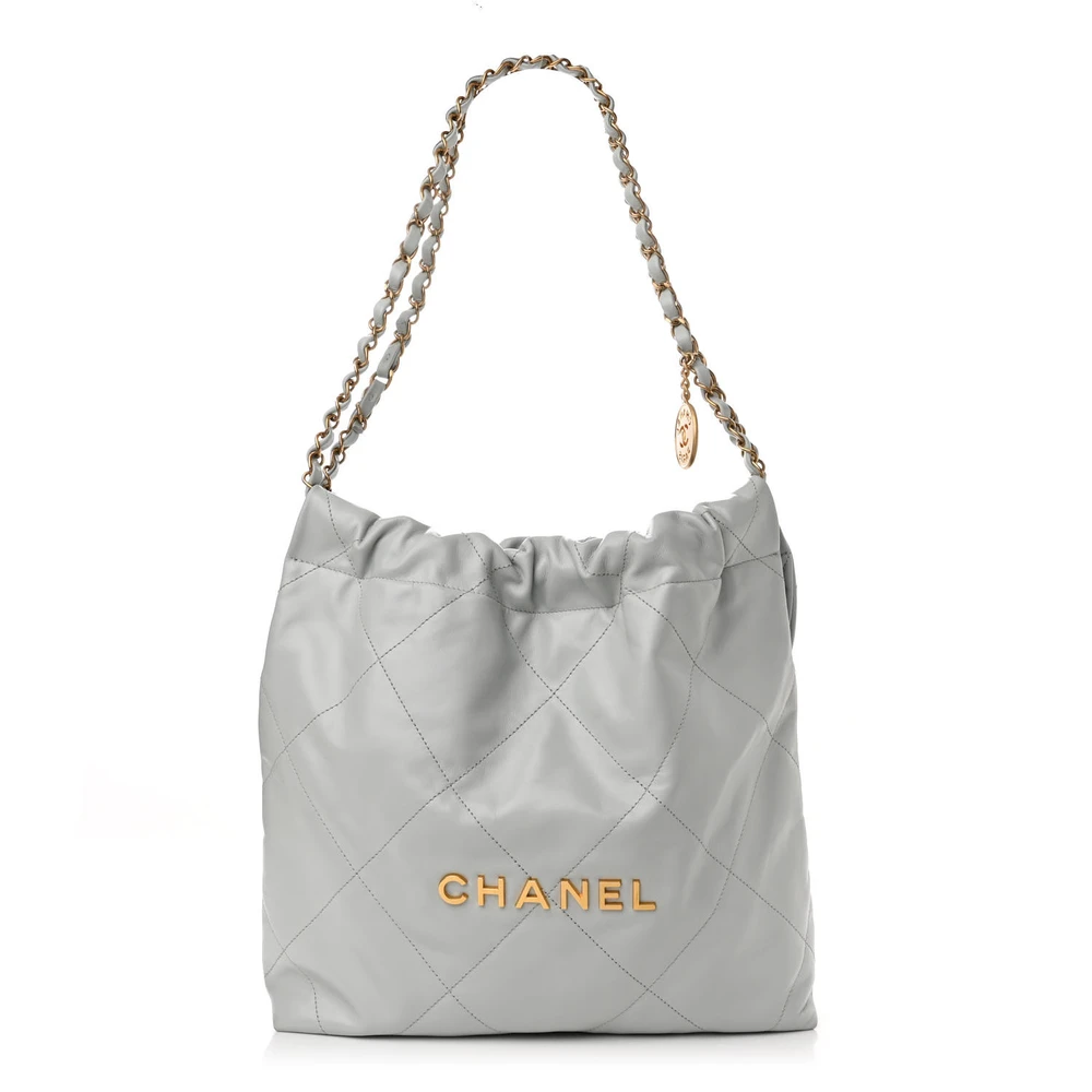 Chanel Light Blue Quilted Shiny Calfskin Leather Small Chanel 22 Gold Hardware Front replica handbags