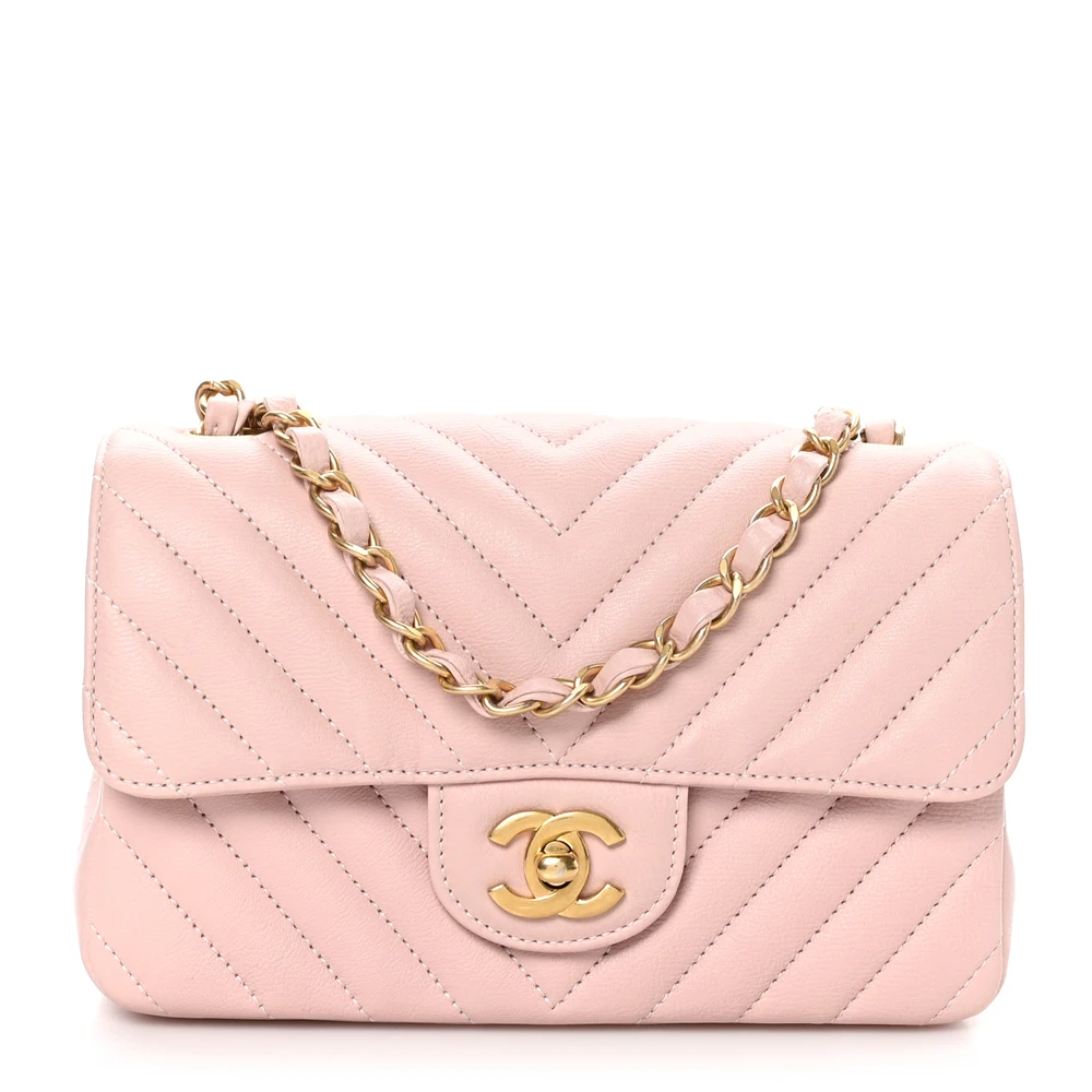 Chanel Light Pink Chevron Quilted Calfskin Leather Mini Rectangular Flap Gold Hardware Front replica handbag