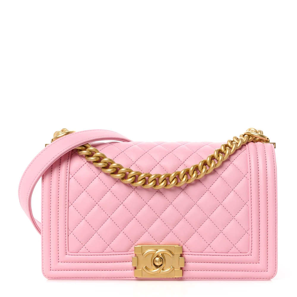 Chanel Light Pink Quilted Calfskin Leather Medium Boy Flap Aged Gold Hardware Front replica handbag