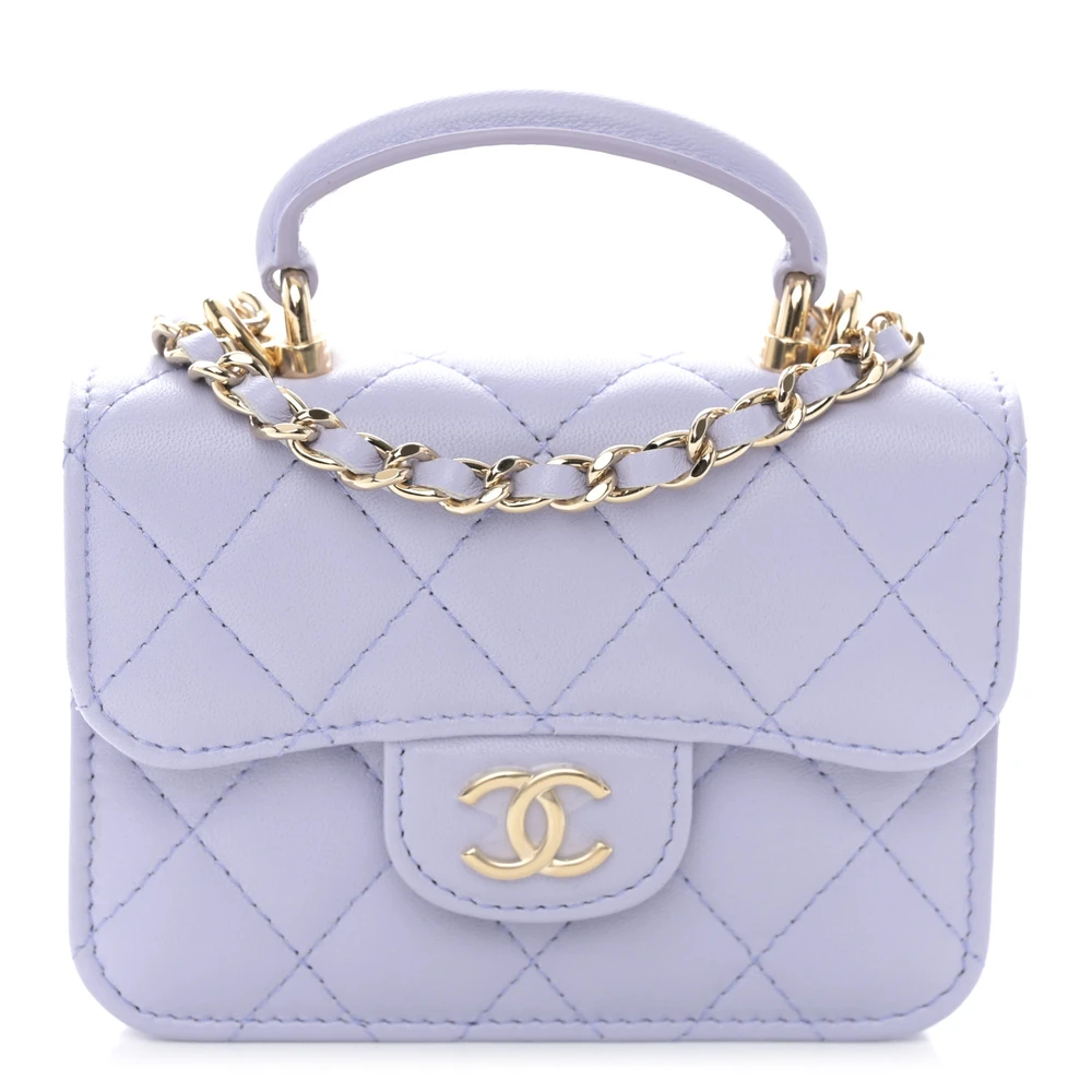 Chanel Light Purple Quilted Lambskin Leather Small Top Handle Flap Coin Purse With Chain Gold Hardware Front replica handbag