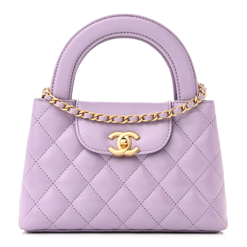 Chanel Lilac Quilted Shiny Aged Calfskin Leather Nano Kelly Shopper Aged Gold Hardware Front replica handbags