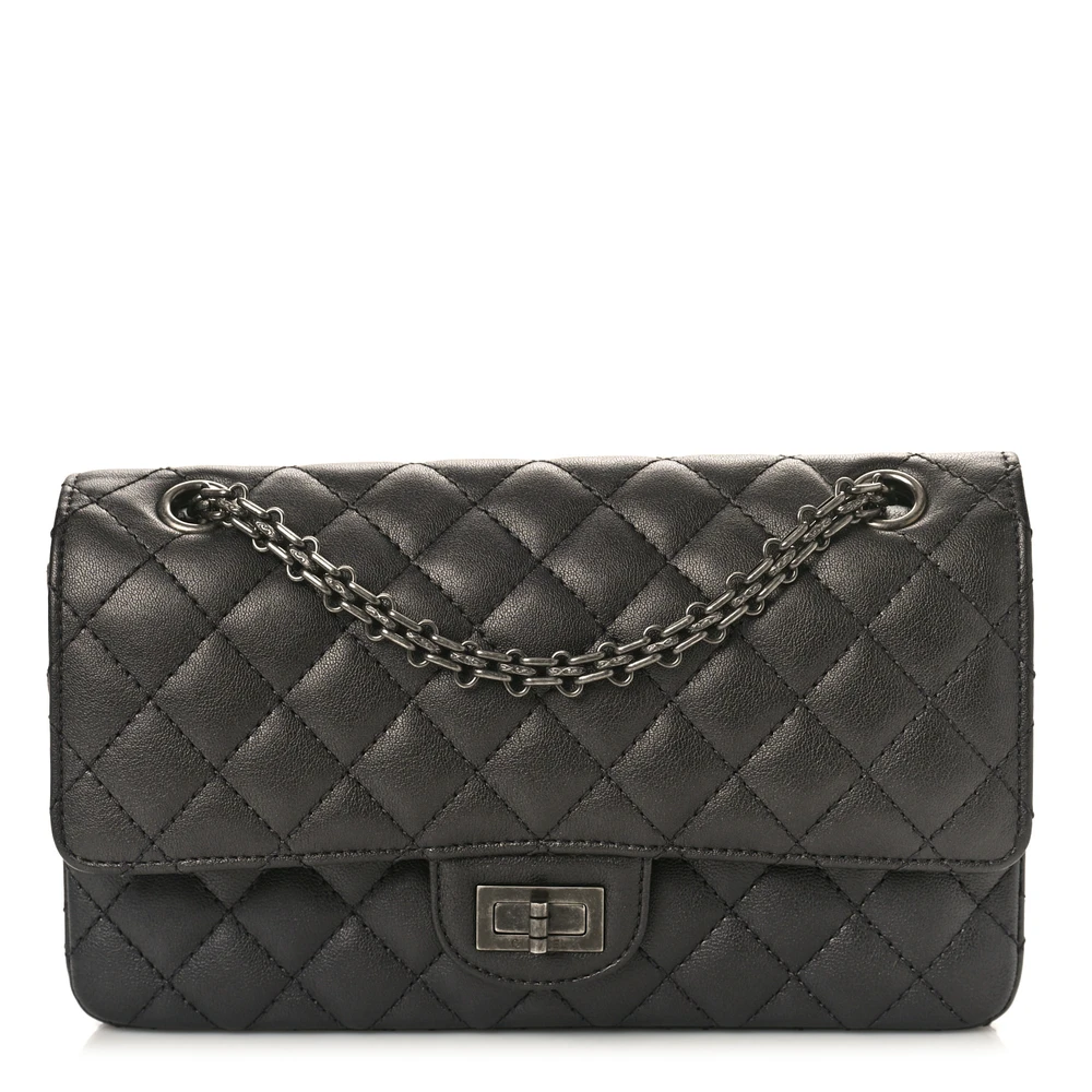Chanel Metallic Black Quilted Sheepskin Leather Small 2.55 Reissue 225 Flap Ruthenium Hardware Front replica handbag