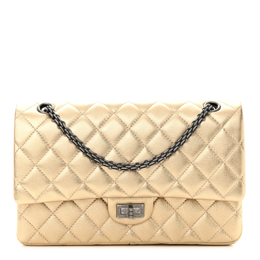 Chanel Metallic Gold Quilted Calfskin Leather Large 2.55 Reissue 226 Flap Ruthenium Hardware Front replica handbag