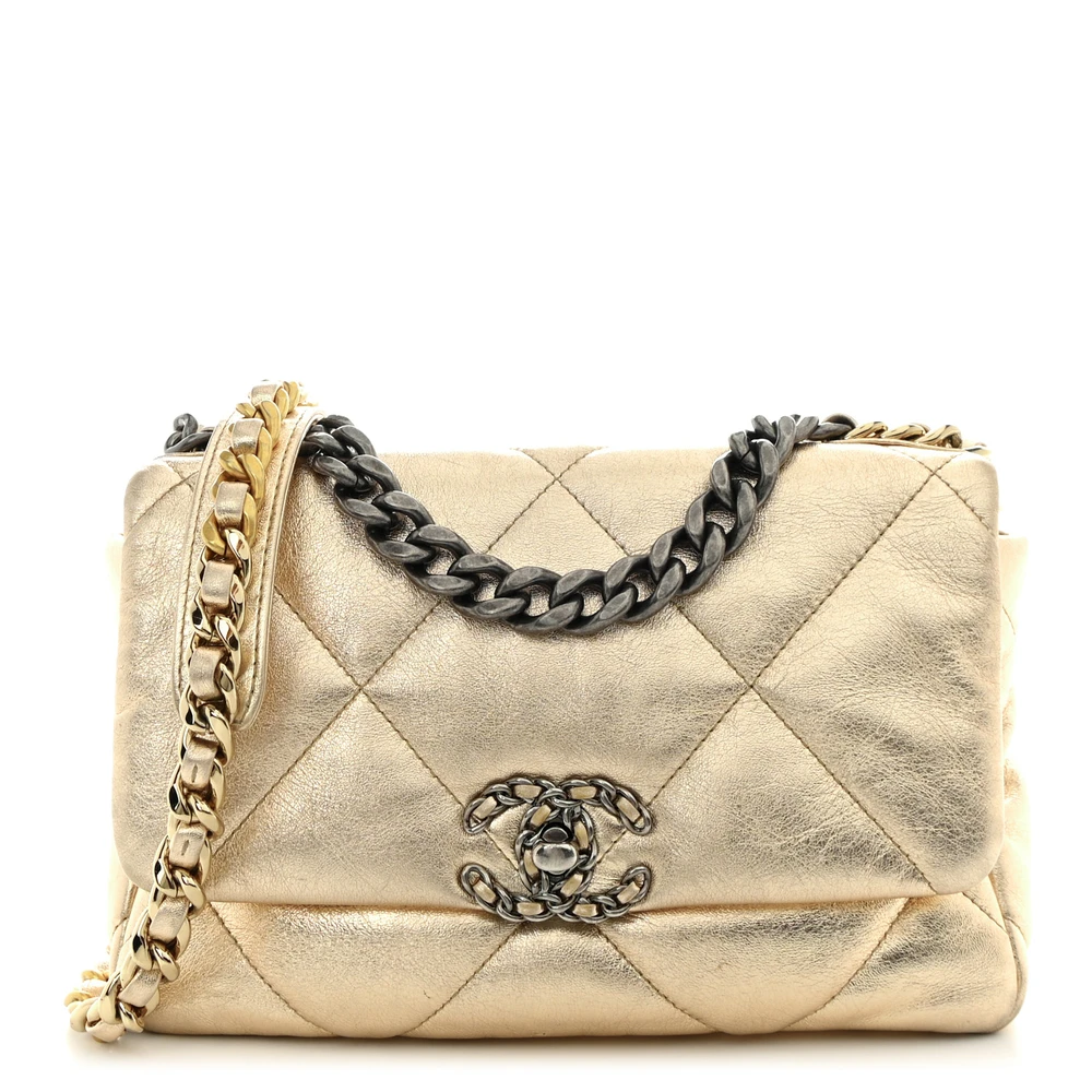 Chanel Metallic Gold Quilted Lambskin Leather Medium Chanel 19 Flap Mixed Metal Hardware Front replica handbags