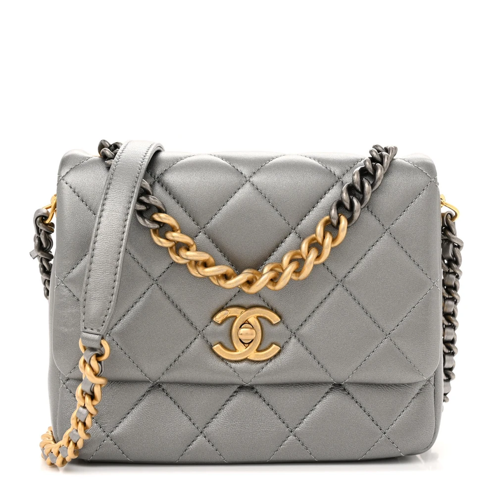Chanel Metallic Grey Quilted Lambskin Leather Small Side Note Flap Mixed Metal Hardware Front replica handbag