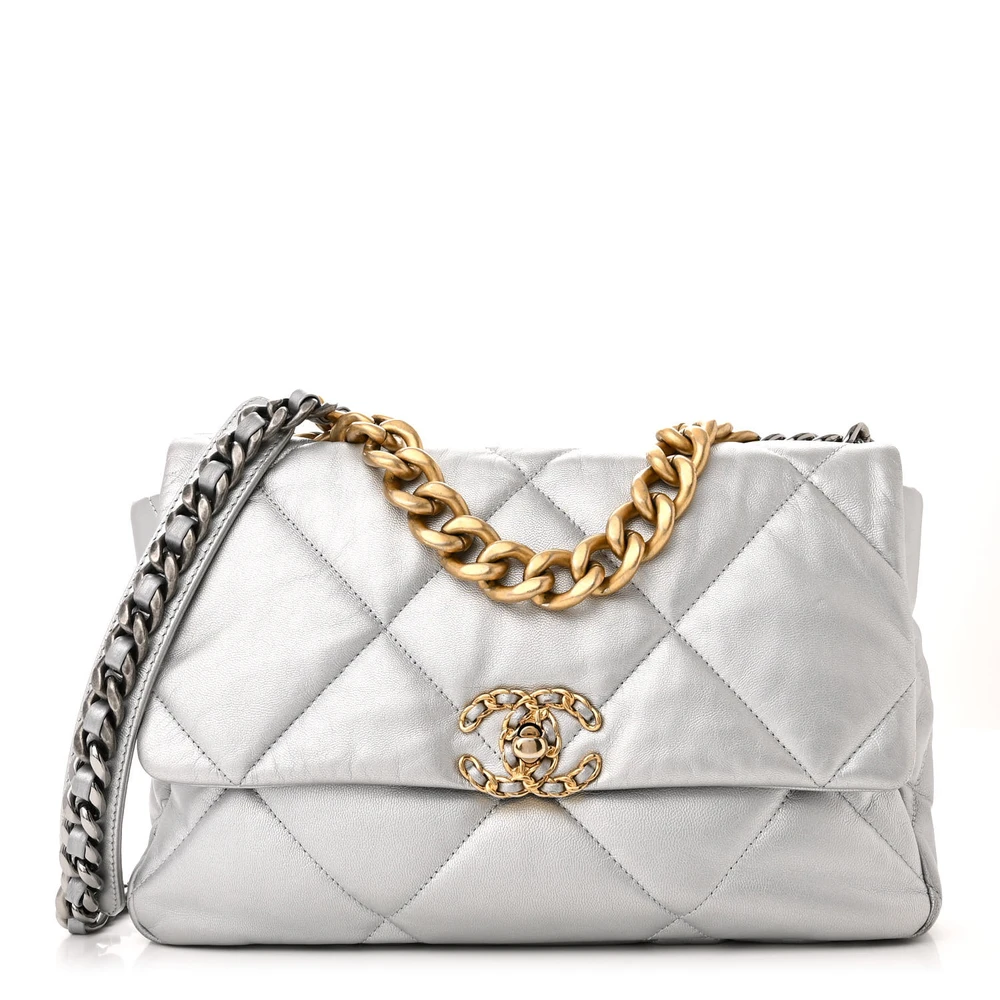 Chanel Metallic Silver Quilted Lambskin Leather Large Chanel 19 Flap Mixed Metal Hardware Front replica handbags