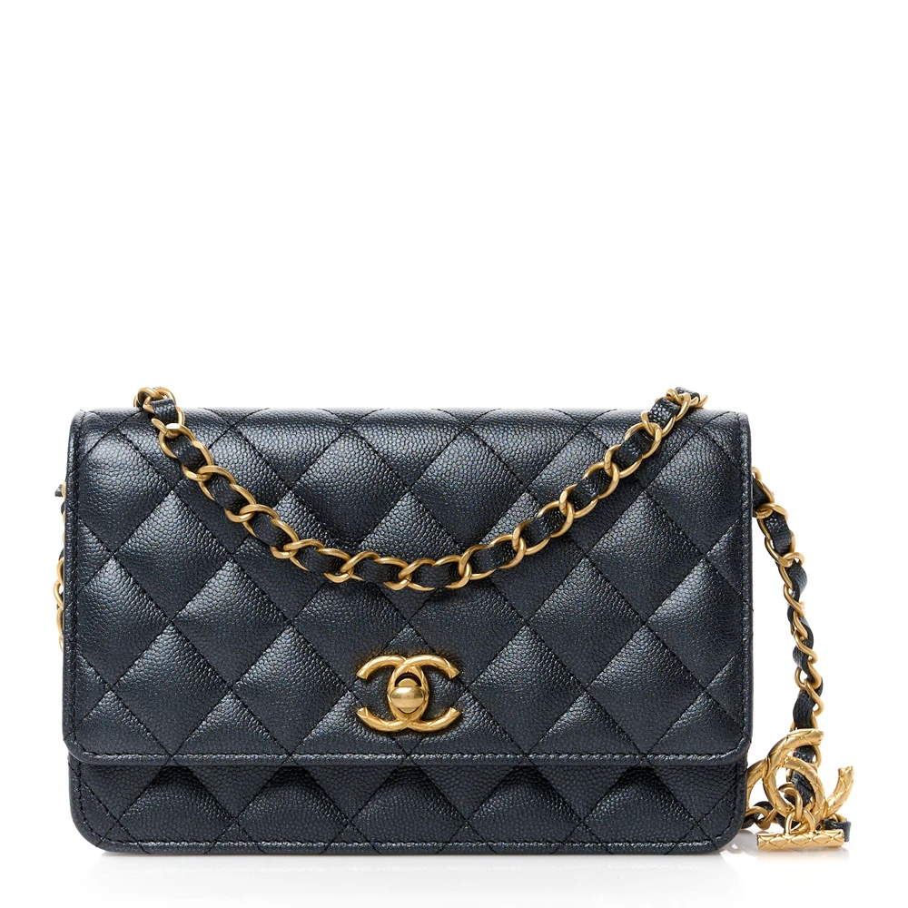 Chanel Navy Pearly Quilted Caviar Leather Small CC Wallet On Chain (WOC) Silver Hardware Front replica handbag
