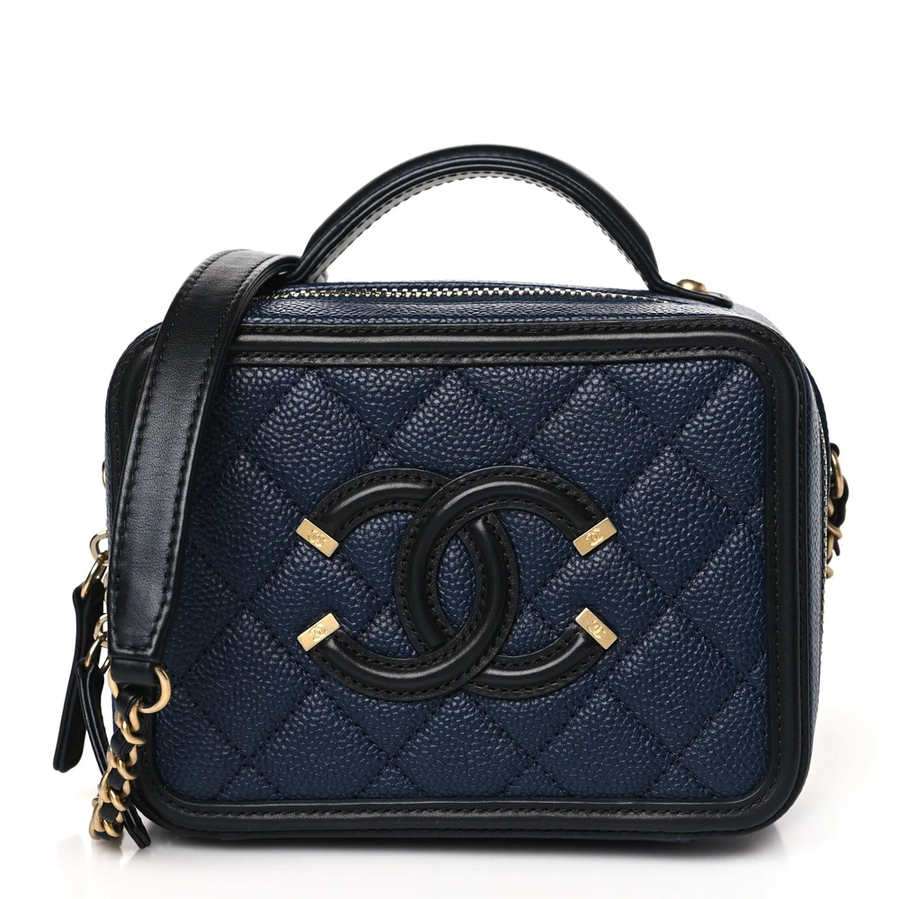 Chanel NavyBlack Quilted Caviar Leather Small CC Filigree Vanity Case Gold Hardware Front replica handbag