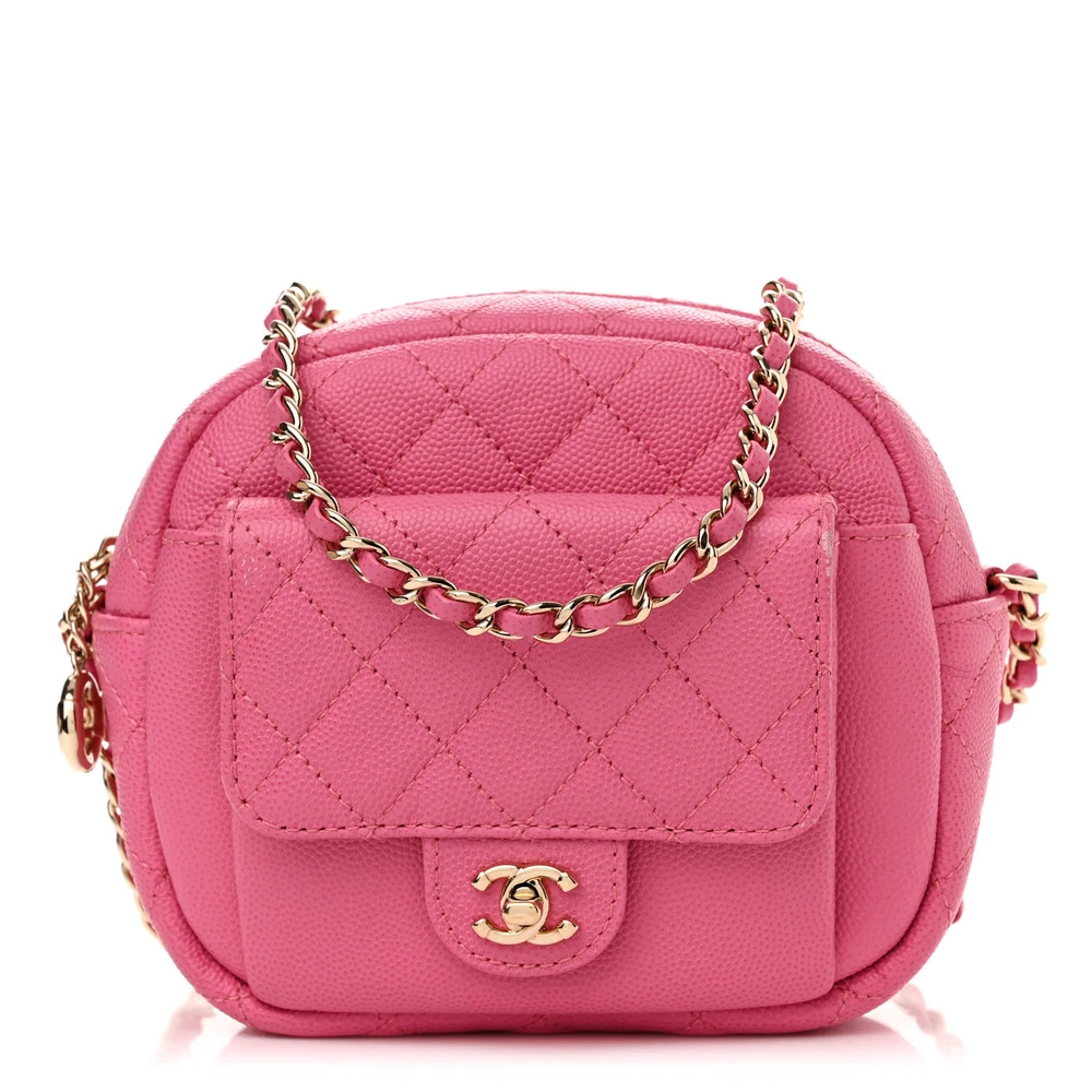 Chanel Pink Quilted Caviar Leather Small CC Day Camera Case Gold Hardware Front replica handbags