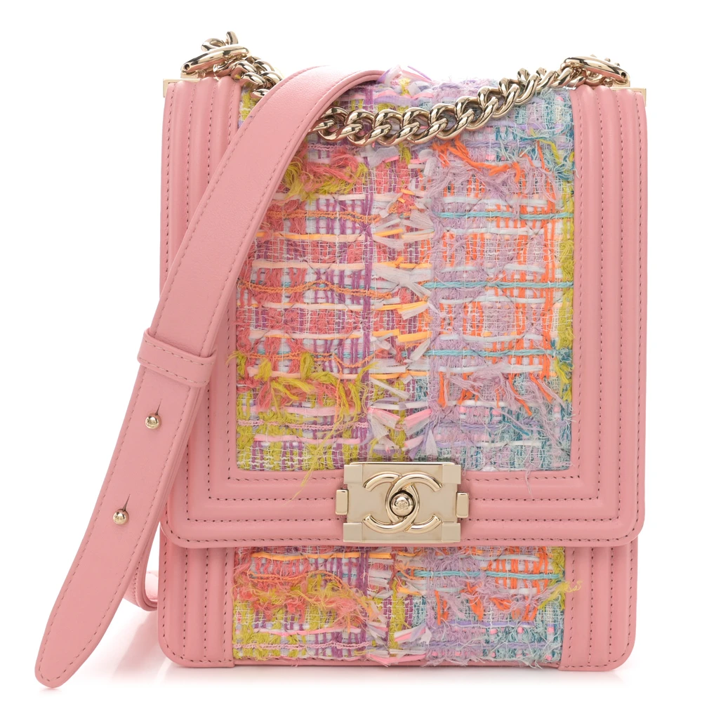 Chanel Pink Tweed & Quilted Calfskin Leather Medium North-South Boy Flap Light Gold Hardware Front replica handbag