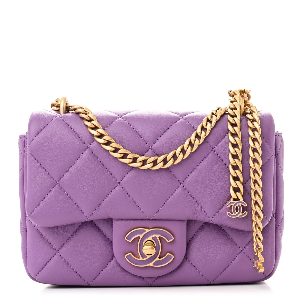 Chanel Purple Enamel Quilted Lambskin Leather Mini Pending CC Square Flap Gold Hardware Front replica handbag