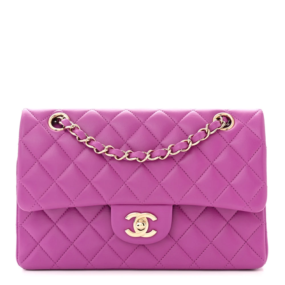 Chanel Purple Quilted Lambskin Leather Small Double Flap Light Gold Hardware Front replica handbag