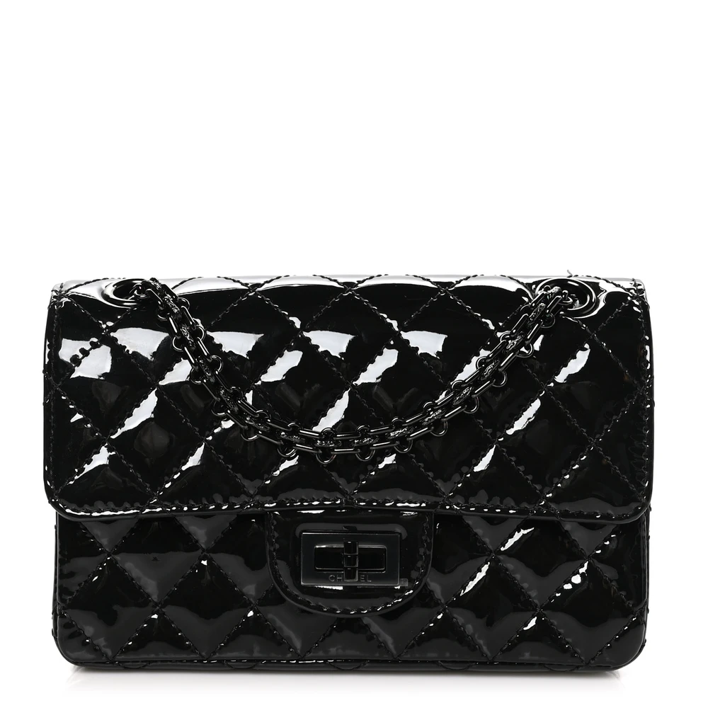 Chanel Quilted Patent Calfskin Leather 2.55 Reissue Mini Flap So Black Front replica handbag