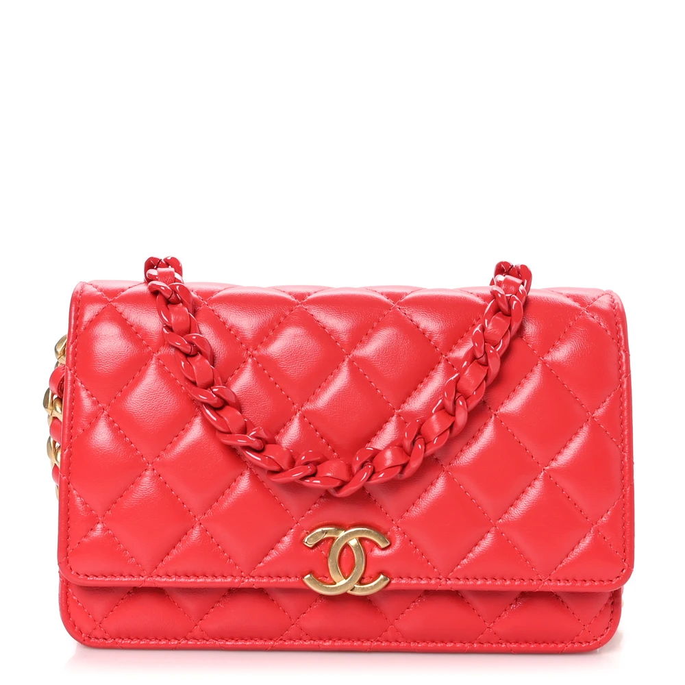 Chanel Red Quilted Lambskin Leather & Resin Small Wallet On Chain (WOC) Gold Hardware Front replica handbag