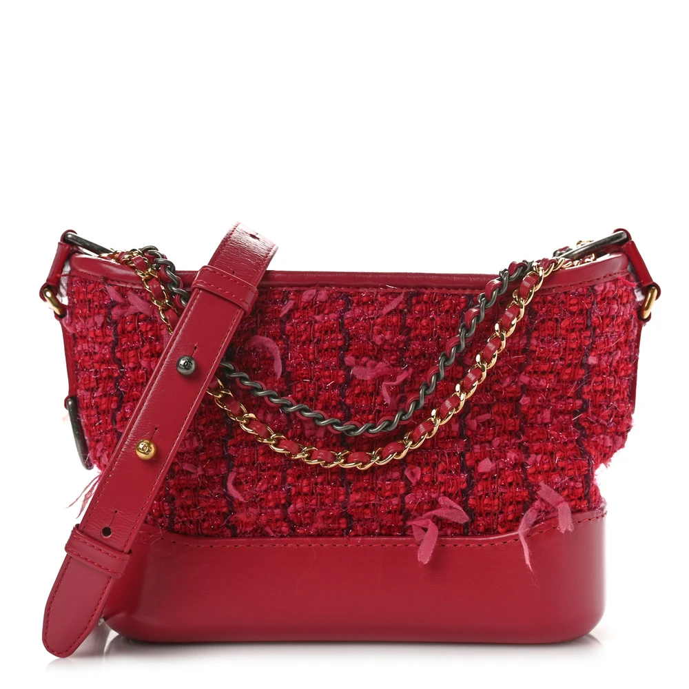 Chanel Red Tweed & Calfskin Leather Quilted Small Gabrielle Hobo Mixed Metal Hardware Front replica handbags