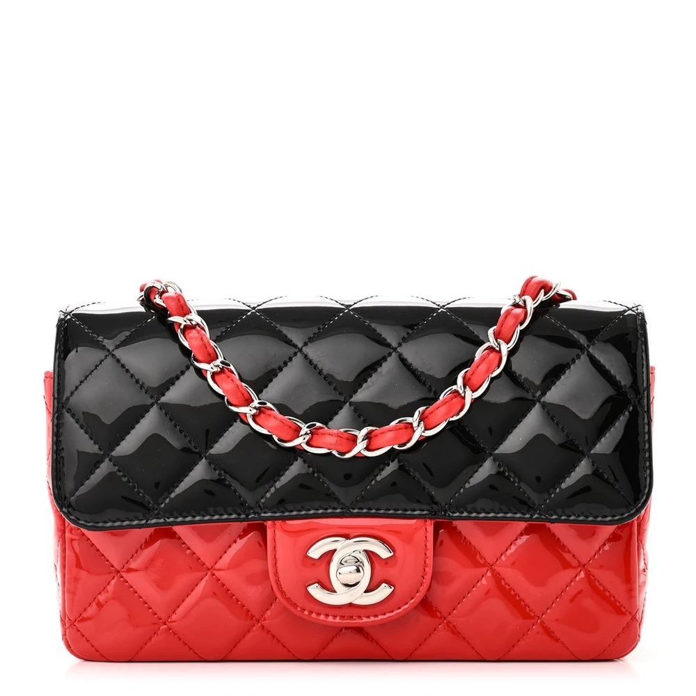 Chanel RedBlack Quilted Patent Calfskin Leather Bi-Color Mini Rectangular Flap Silver Hardware Front replica handbags