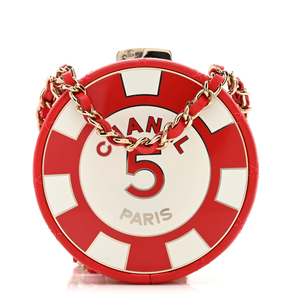 Chanel RedWhite Quilted Enamel Lambskin Leather Mini Round Poker Chip Clutch With Chain Light Gold Hardware Front replica handbag
