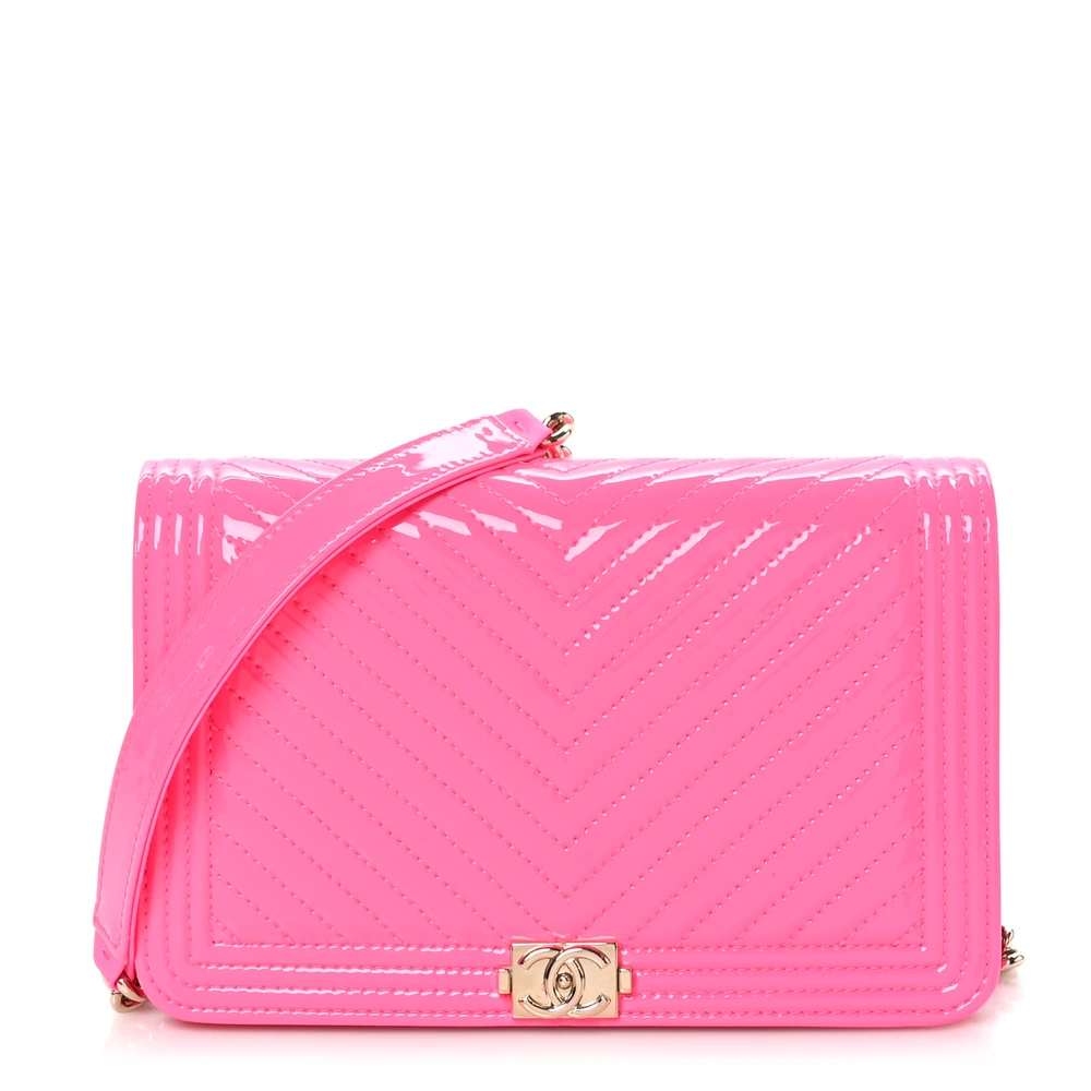 Chanel Rose Pink Chevron Quilted Patent Leather Small Boy Wallet On Chain (WOC) Light Gold Hardware Front replica handbag