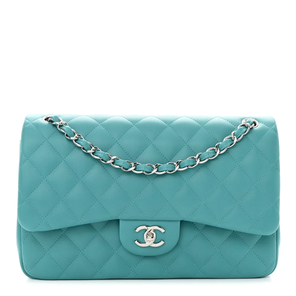 Chanel Turquoise Quilted Lambskin Leather Jumbo Double Flap Silver Hardware Front replica handbag