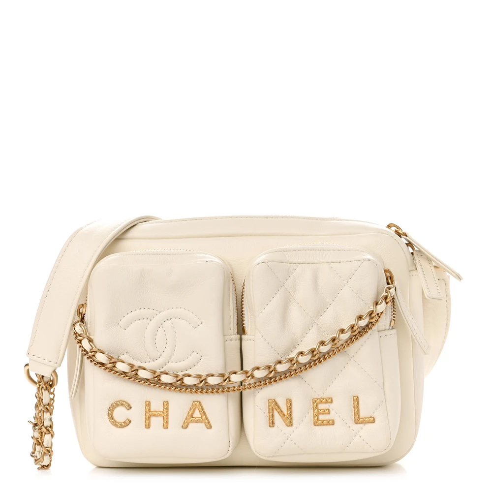 Chanel White Quilted Calfskin Leather Small Camera Case Gold Hardware Front replica handbags