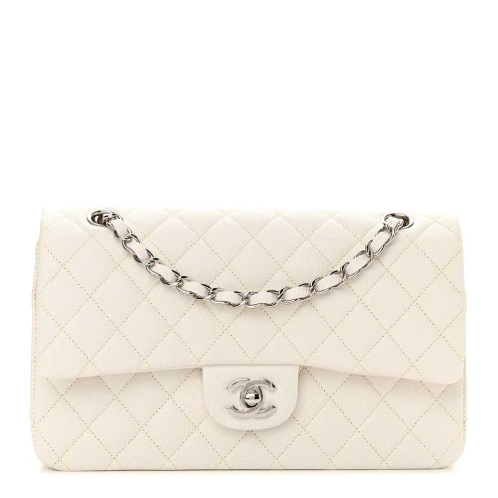 Chanel White Quilted Caviar Leather Medium Double Flap Silver Hardware Front replica handbag