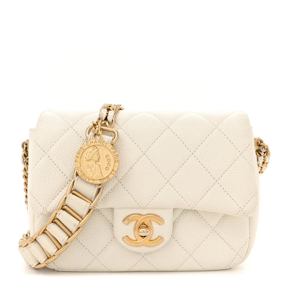 Chanel White Quilted Caviar Leather Mini Chain Soul Flap Gold Hardware Front replica handbag