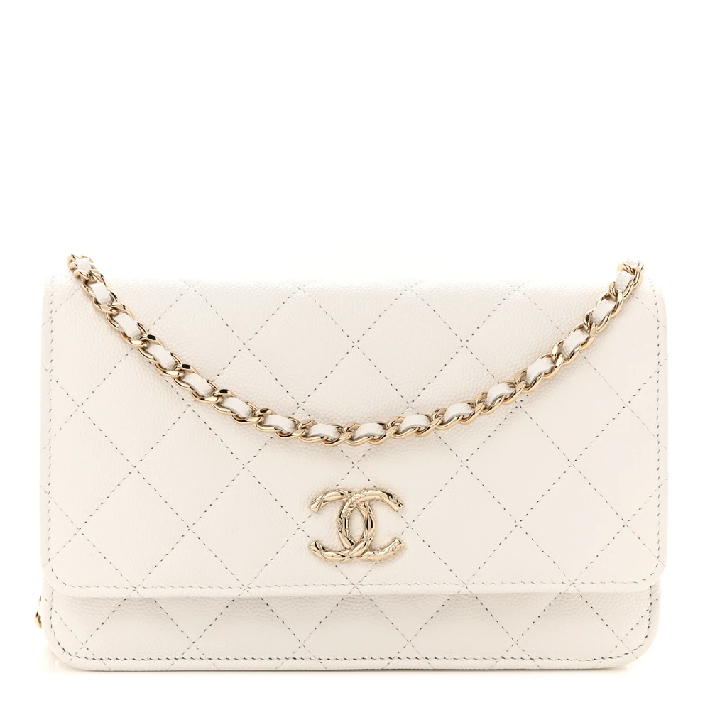Chanel White Quilted Caviar Leather Small Wallet On Chain (WOC) Light Gold Hardware Front replica handbag