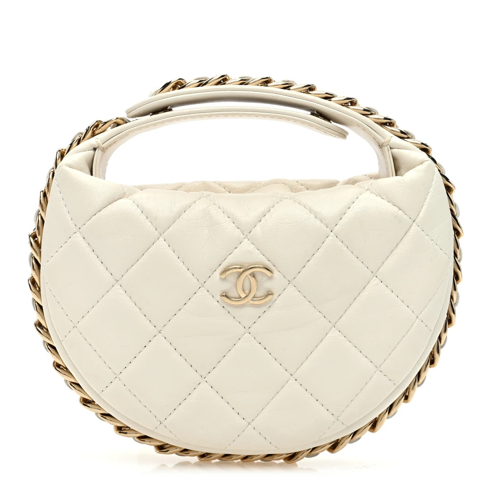 Chanel White Quilted Lambskin Leather Small Chain Around Pouch Light Gold Hardware Front replica handbag