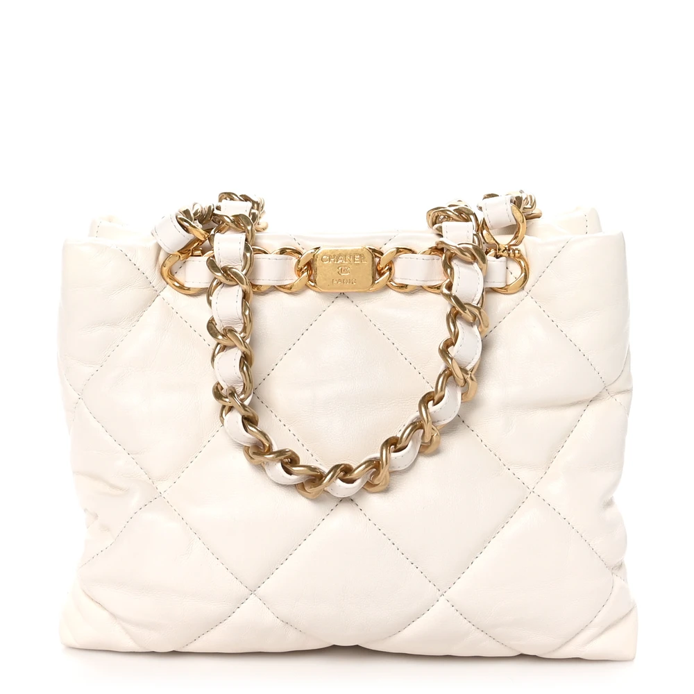 Chanel White Quilted Lambskin Leather Small Shopping Bag Gold Hardware Front replica handbag