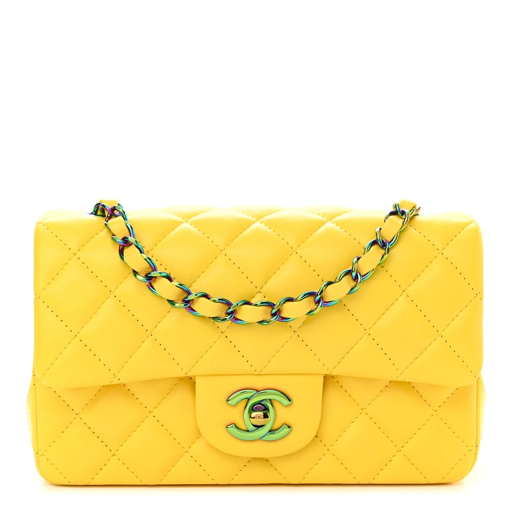 Chanel Yellow Quilted Lambskin Leather Mini Rectangular Flap Rainbow Hardware Front replica handbag