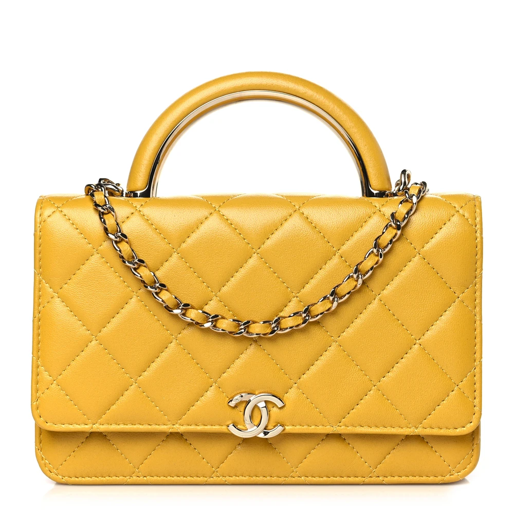 Chanel Yellow Quilted Lambskin Leather Small Top Handle Wallet On Chain (WOC) Light Gold Hardware Front replica handbag
