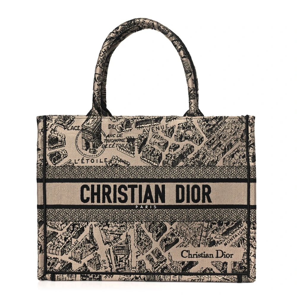 Dior Beige_Black Embroidered Canvas Medium Plan De Paris Book Tote Front Replica handbags