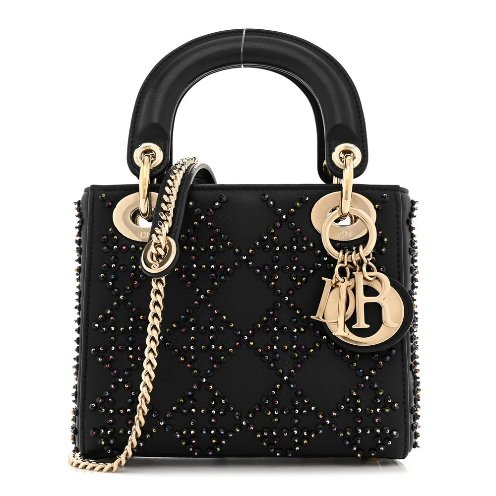 Dior Black Beaded Embroidery Cannage Lambskin Leather Mini Lady Dior Gold Hardware Front Replica handbags